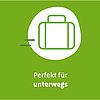 Grüne Fläche mit weißem Koffer-Symbol, Blatt-Icon oben rechts und Text „Perfekt für unterwegs“